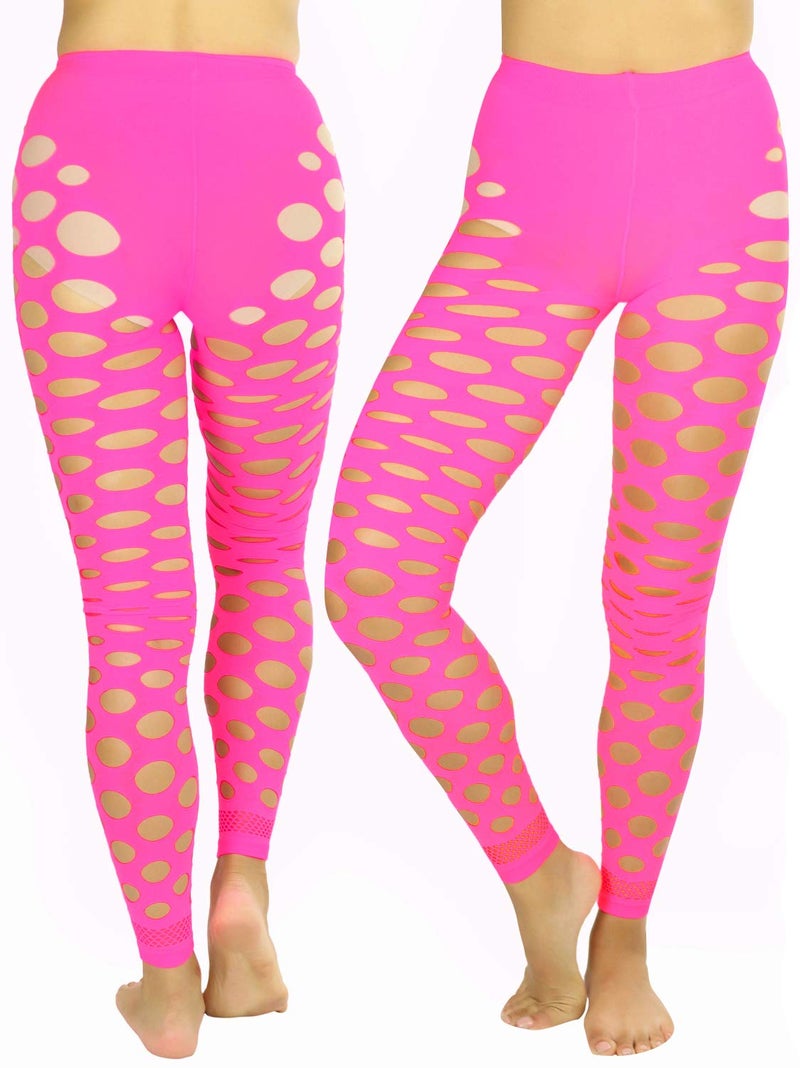 ToBeInStyle Womenâ€™s Pothole Rip Hole Punk Hosiery Tights Leggings Distressed Style - Circular Neon Pink - One Size - Image 3